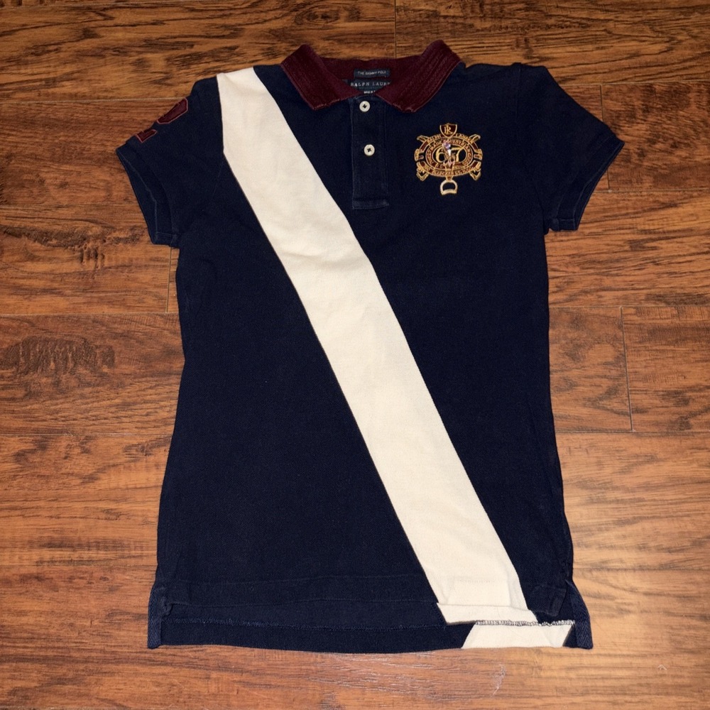 Ralph Lauren Womens Polo Shirt Equestrian Crest Navy Blue Slim Fit Size Medium